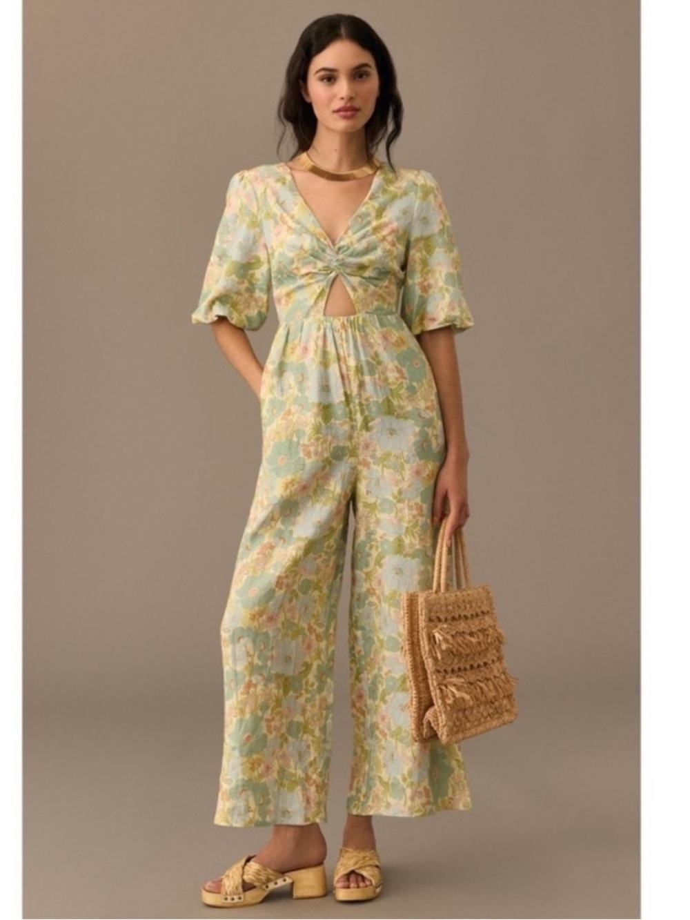 Free people x sancia size XS linen Pastel Floral cottage core Wide-Leg Jumpsuit